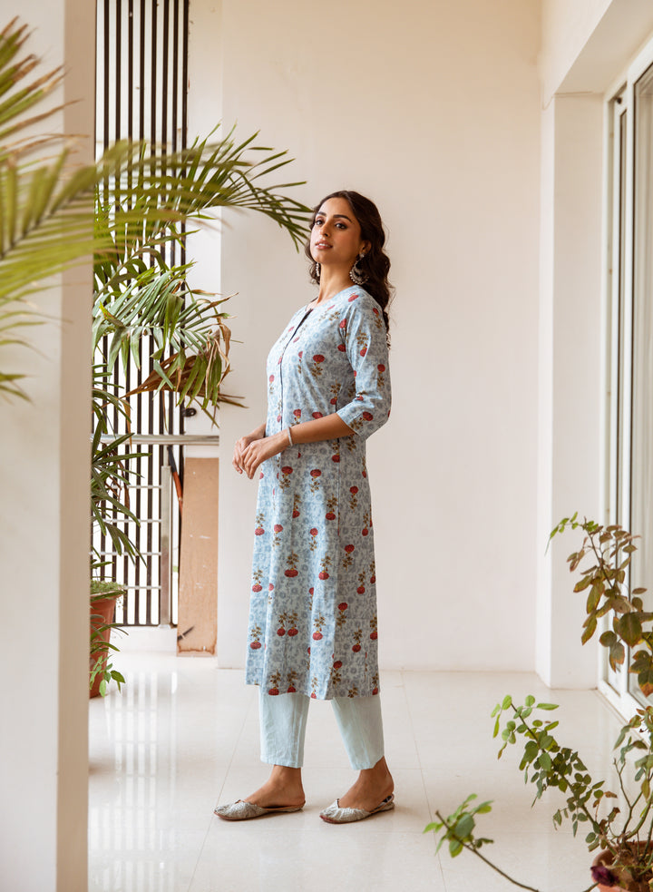 Women's Baby Blue Cotton Flex Kurta Pant Set