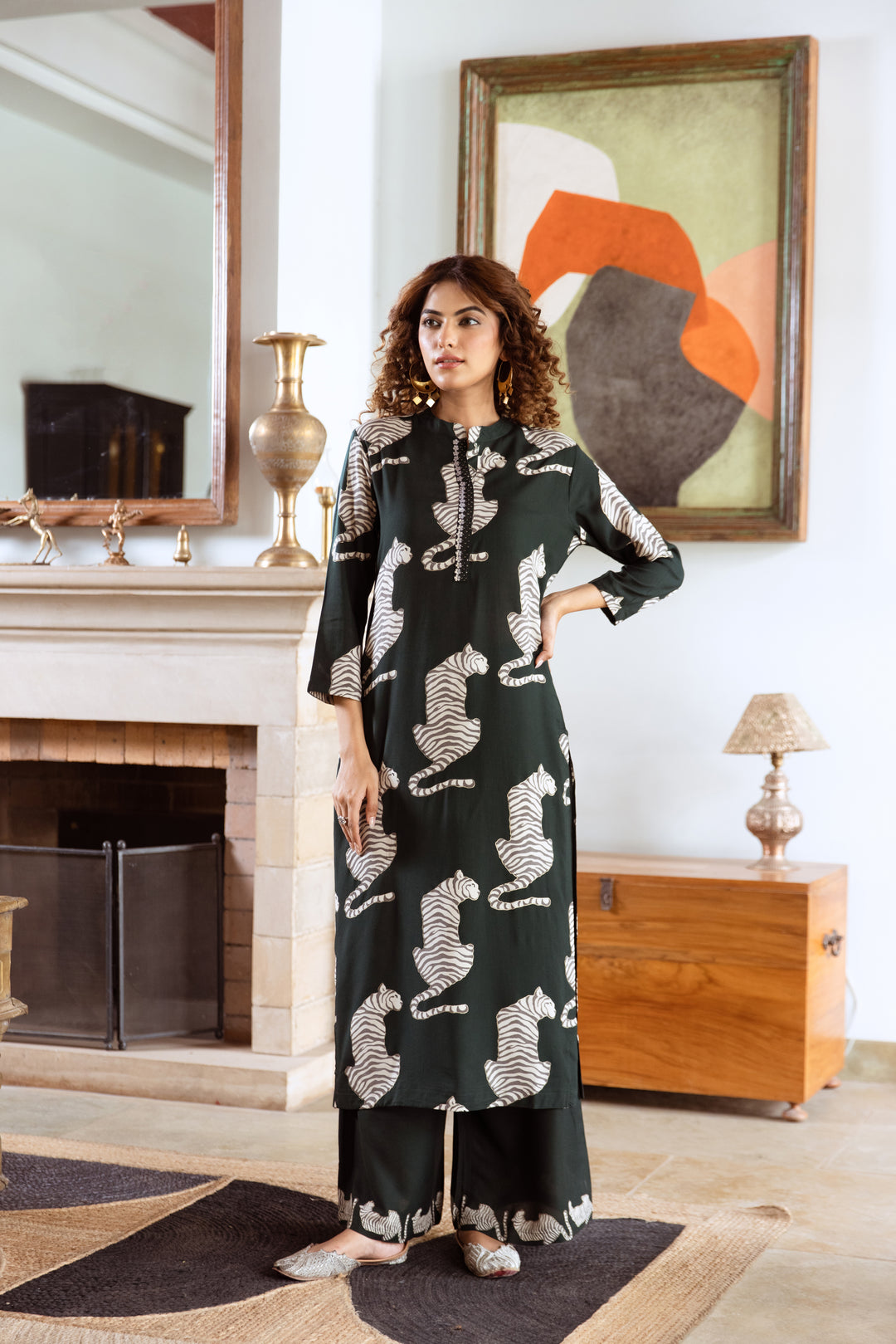 Women's Green German Rayon Kurta Palazzo Set