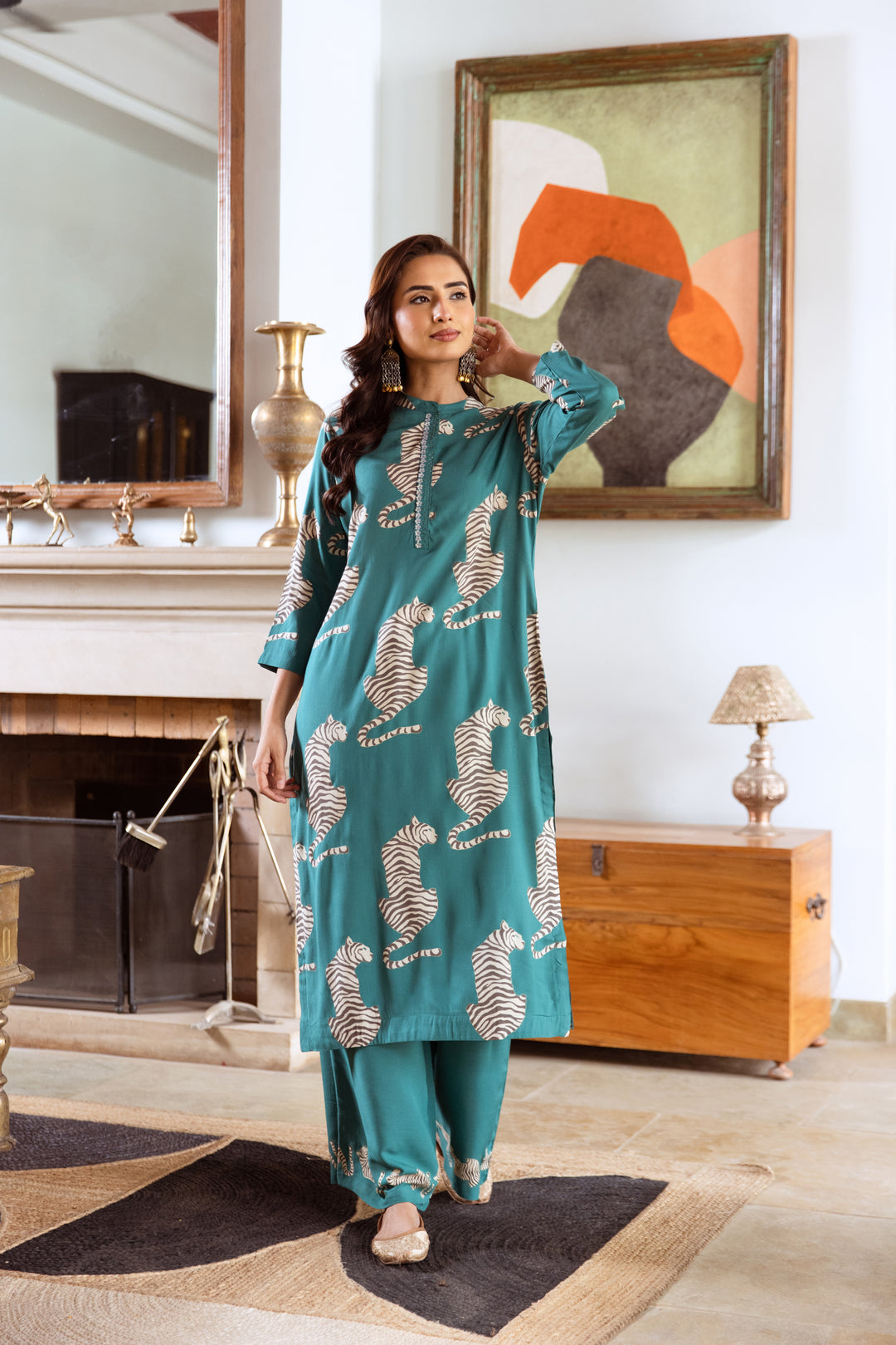 Women's Green German Rayon Kurta Palazzo Set