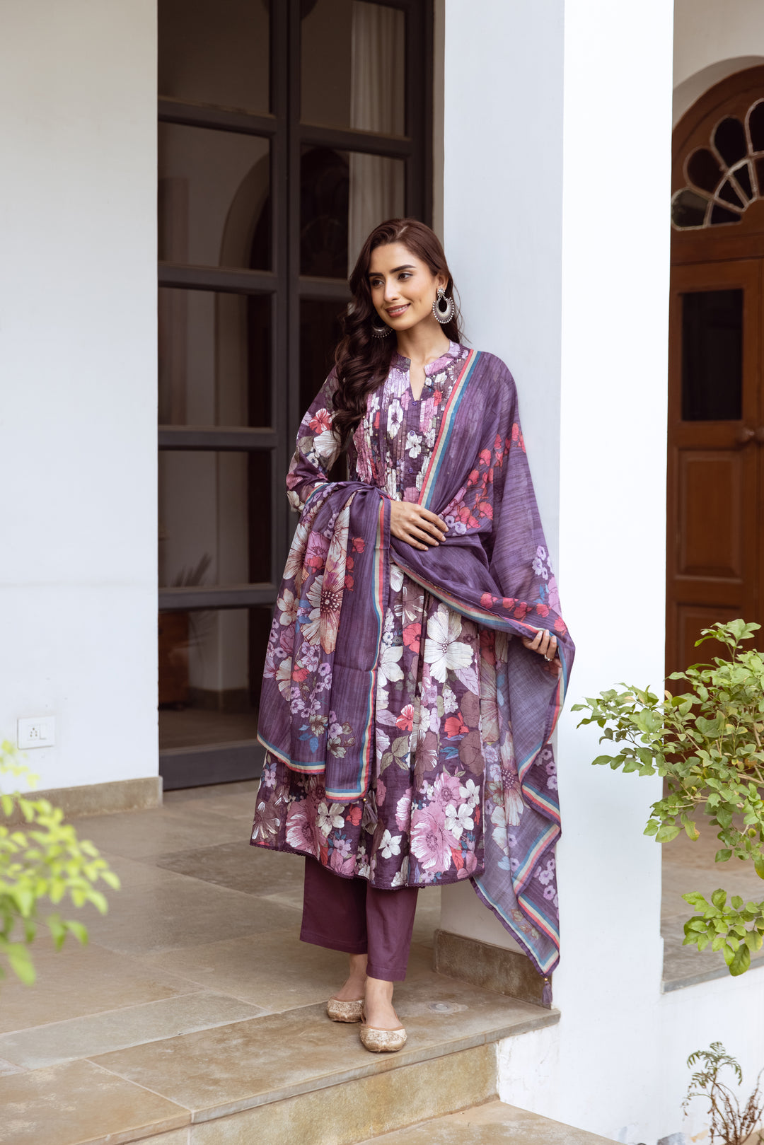 Women's Purple cotton Kurta Pant and Dupatta Set