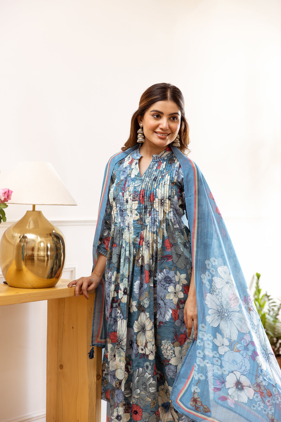 Women's Sky Blue cotton Kurta Pant and Dupatta Set