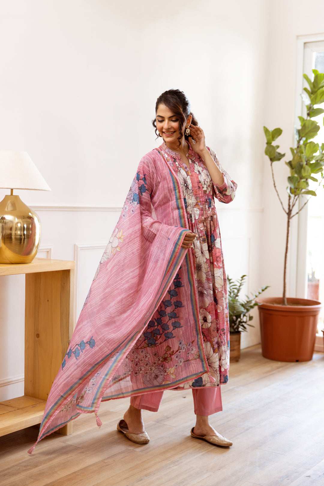 Women's Pink cotton Kurta Pant and Dupatta Set