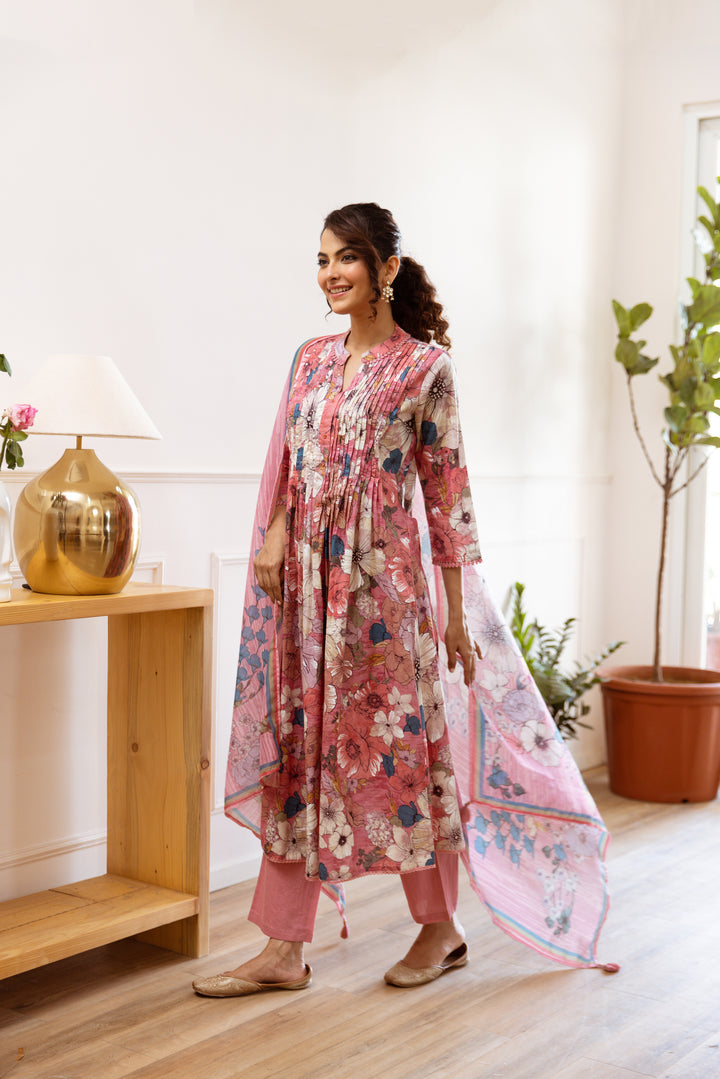 Women's Pink cotton Kurta Pant and Dupatta Set