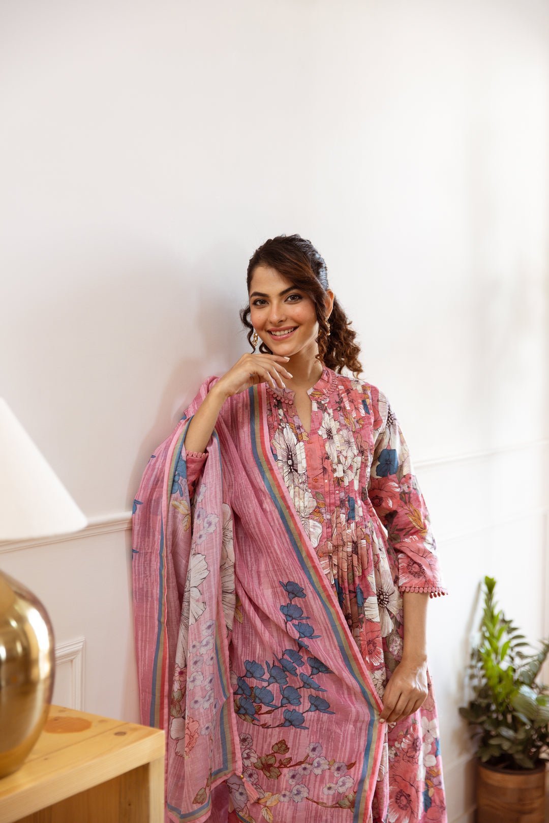 Women's Pink cotton Kurta Pant and Dupatta Set