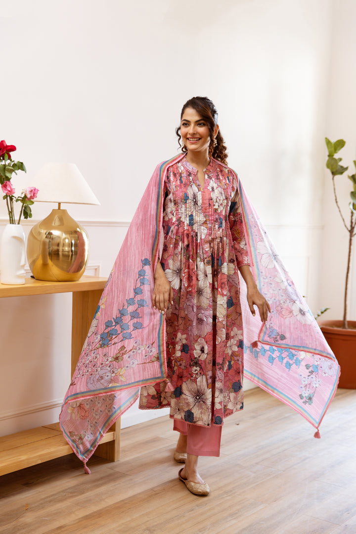 Women's Pink cotton Kurta Pant and Dupatta Set