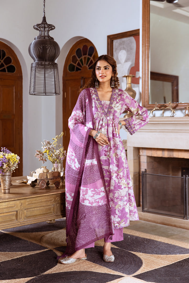 Women's Purple Cotton Kurta Pant and Dupatta Set