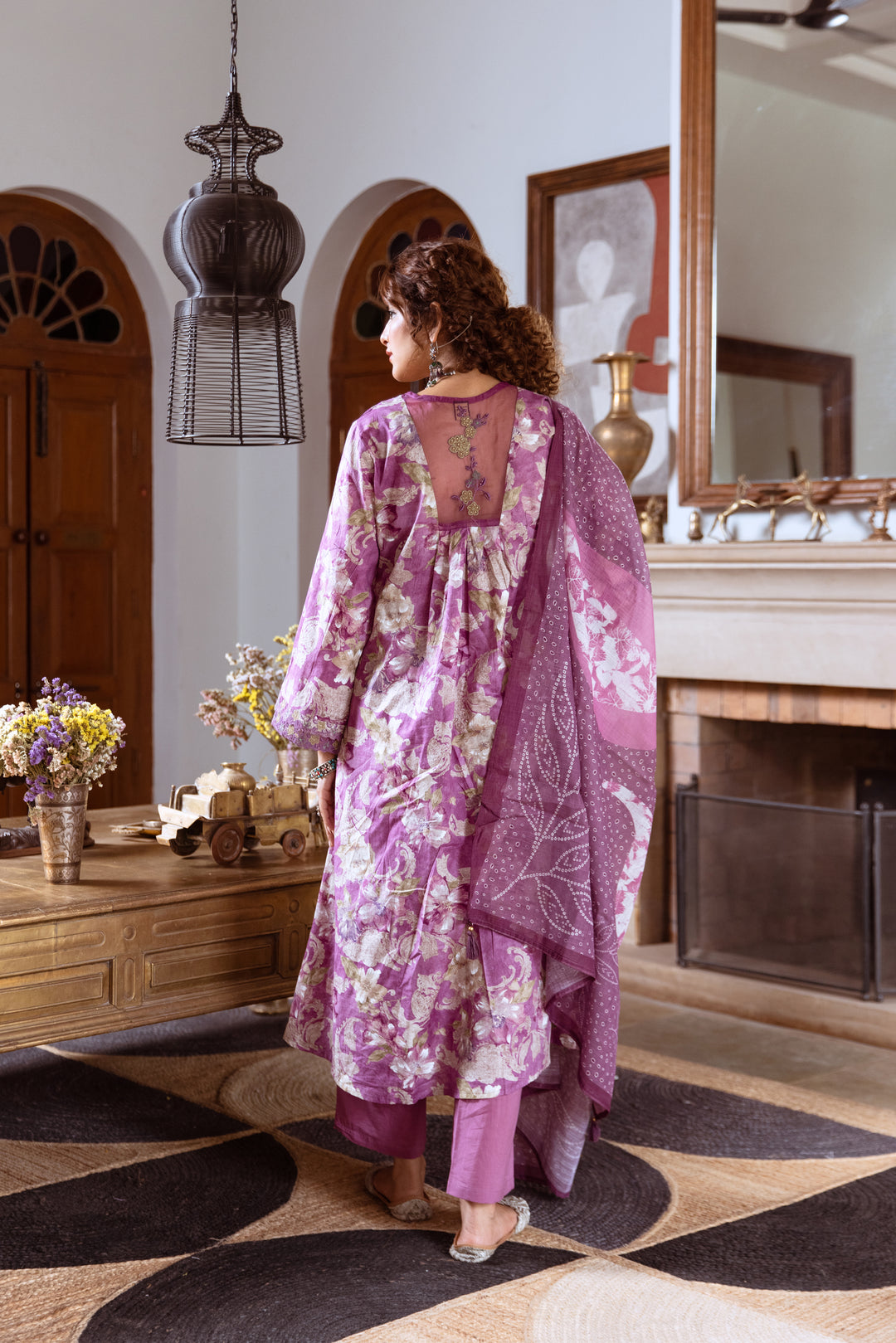 Women's Purple Cotton Kurta Pant and Dupatta Set