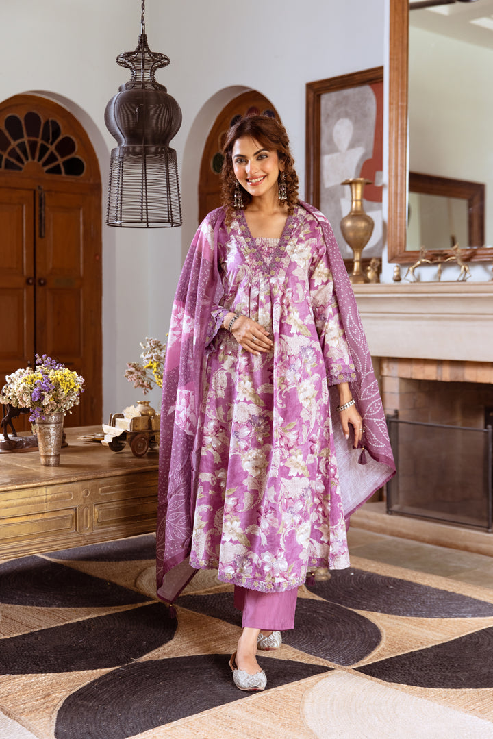 Women's Purple Cotton Kurta Pant and Dupatta Set