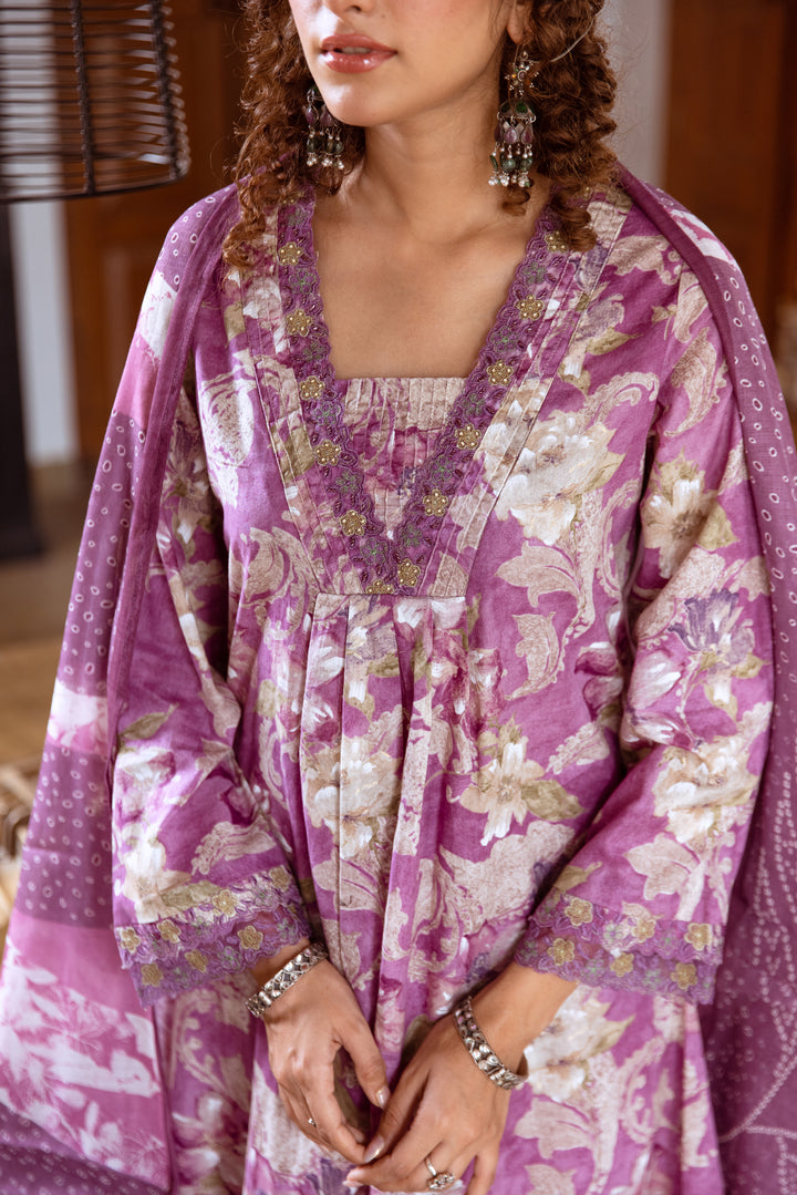 Women's Purple Cotton Kurta Pant and Dupatta Set