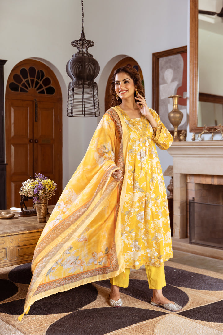 Women's Yellow Cotton Kurta Pant and Dupatta Set