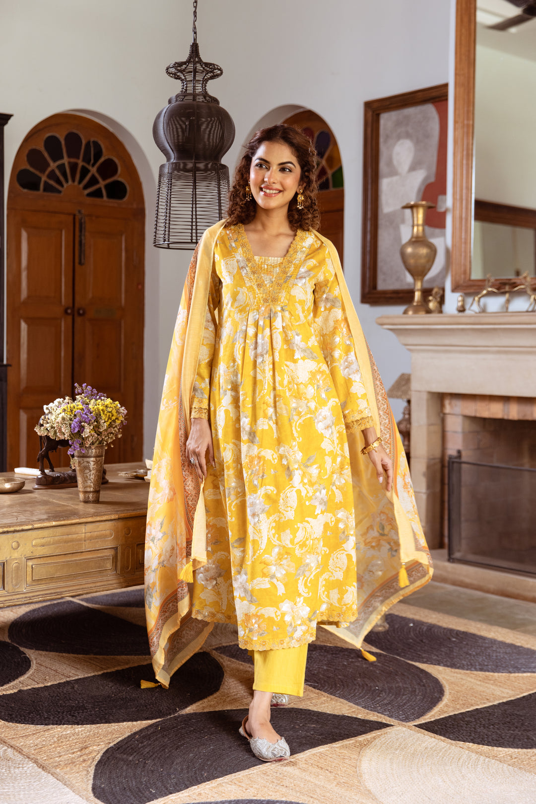 Women's Yellow Cotton Kurta Pant and Dupatta Set