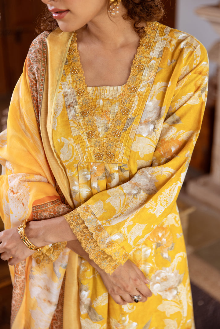 Women's Yellow Cotton Kurta Pant and Dupatta Set