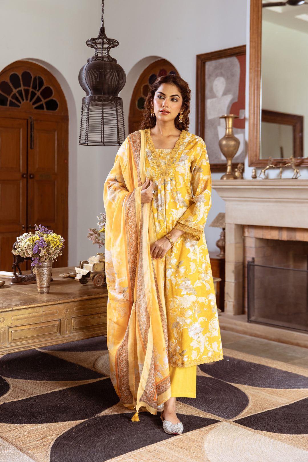 Women's Yellow Cotton Kurta Pant and Dupatta Set