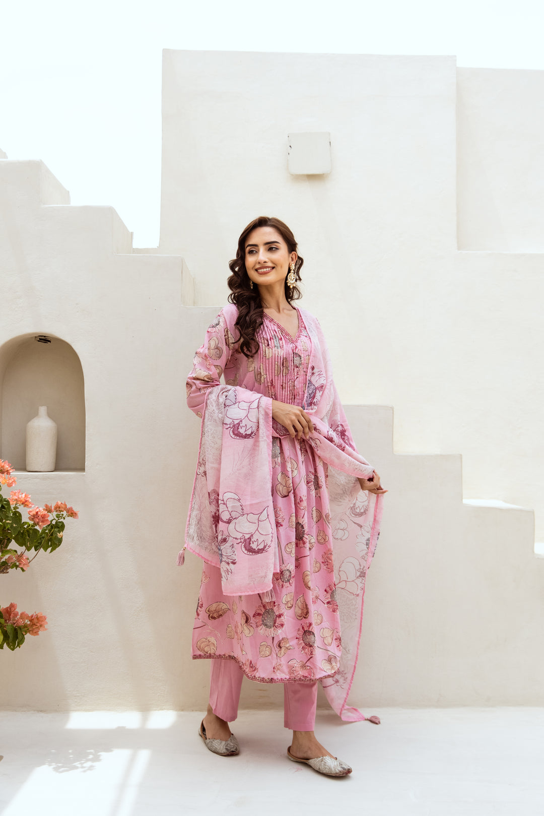 Women's Pink Cotton Kurta Pant and Dupatta Set