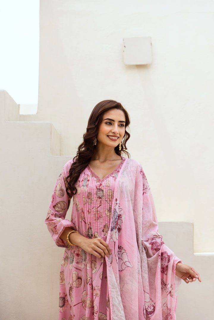 Women's Pink Cotton Kurta Pant and Dupatta Set