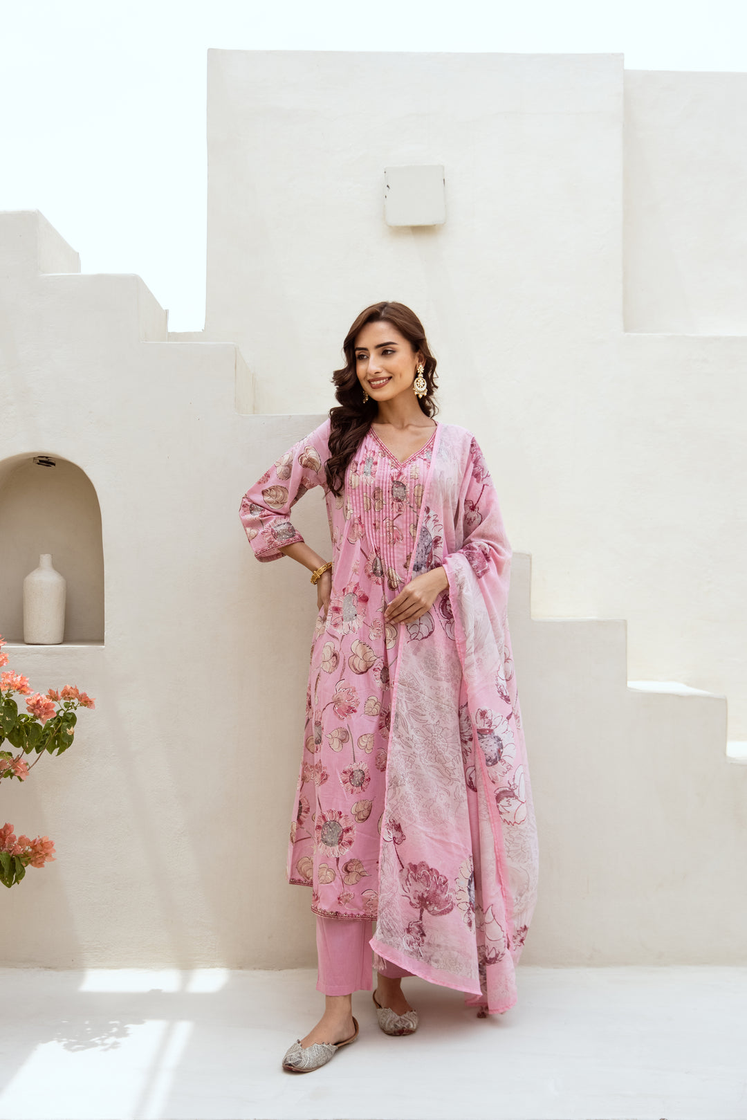 Women's Pink Cotton Kurta Pant and Dupatta Set