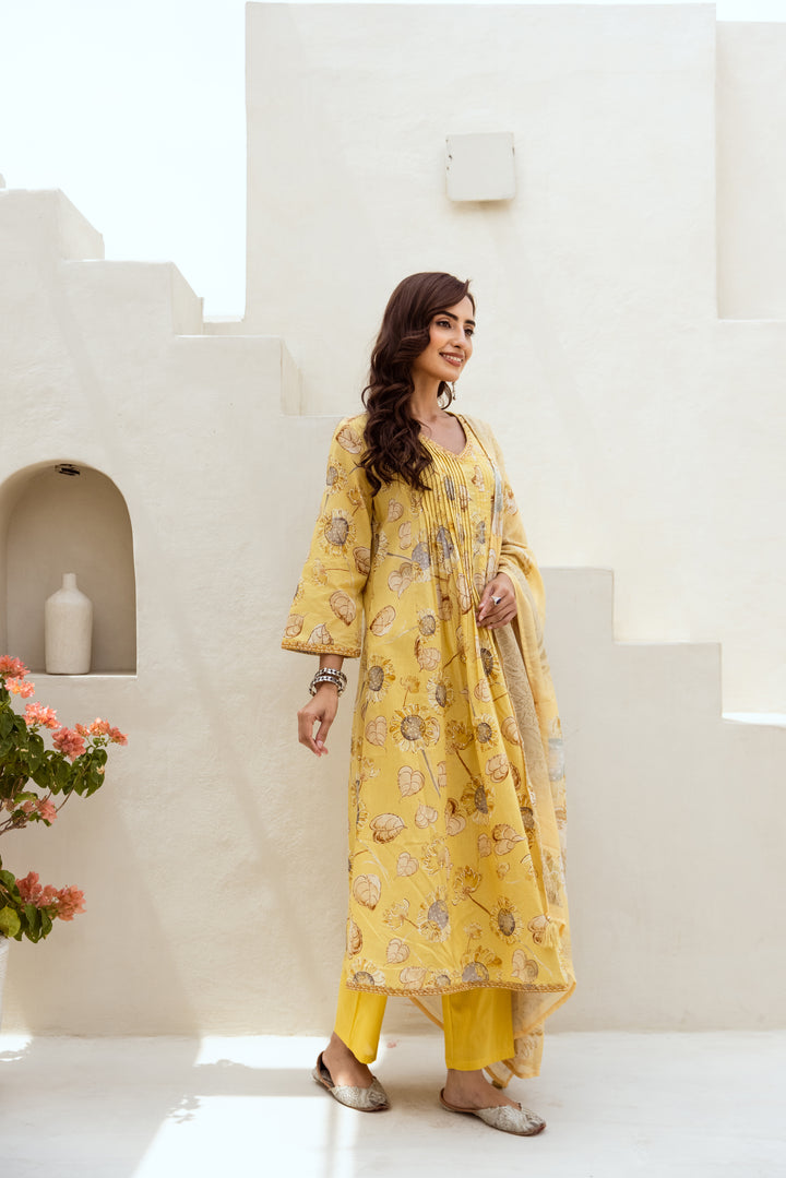 Women's Yellow Cotton Kurta Pant and Dupatta Set