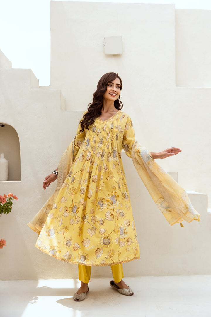 Women's Yellow Cotton Kurta Pant and Dupatta Set