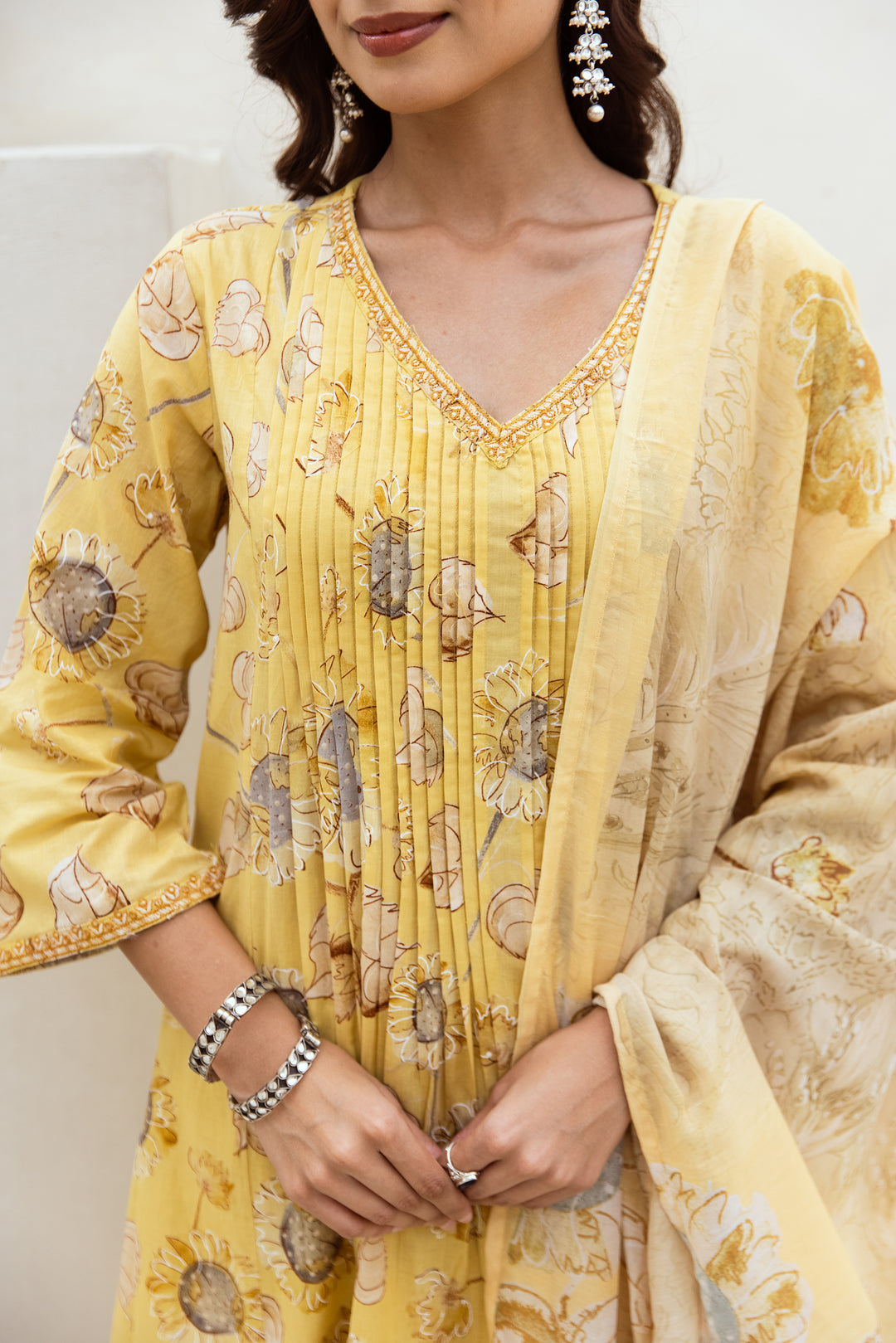 Women's Yellow Cotton Kurta Pant and Dupatta Set