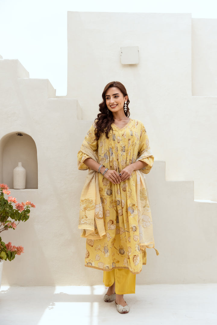 Women's Yellow Cotton Kurta Pant and Dupatta Set