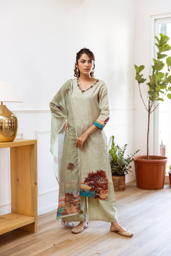 Women's Green Linen Flex Kurta Palazzo and Dupatta Set