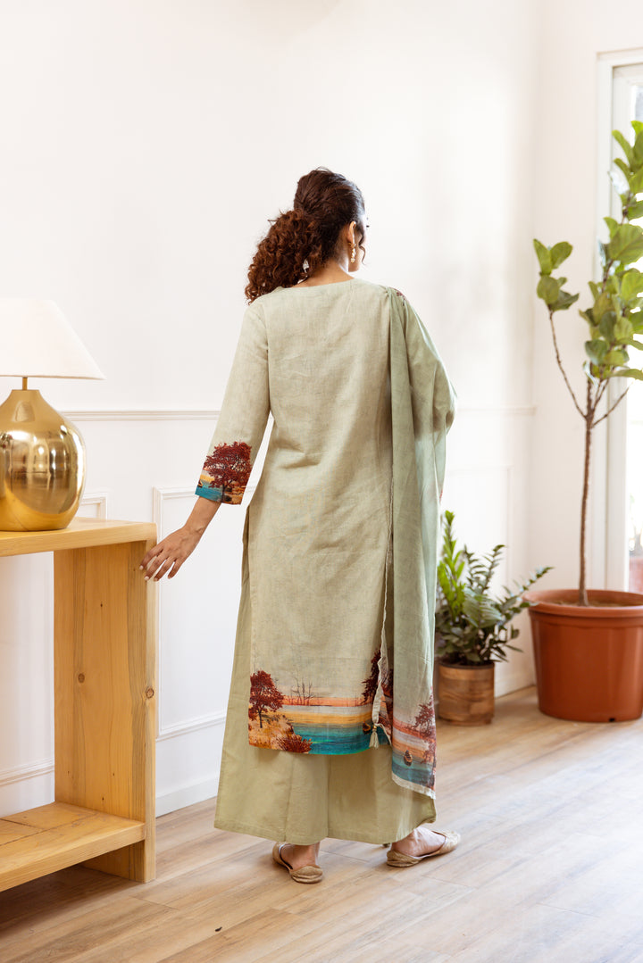 Women's Green Linen Flex Kurta Palazzo and Dupatta Set