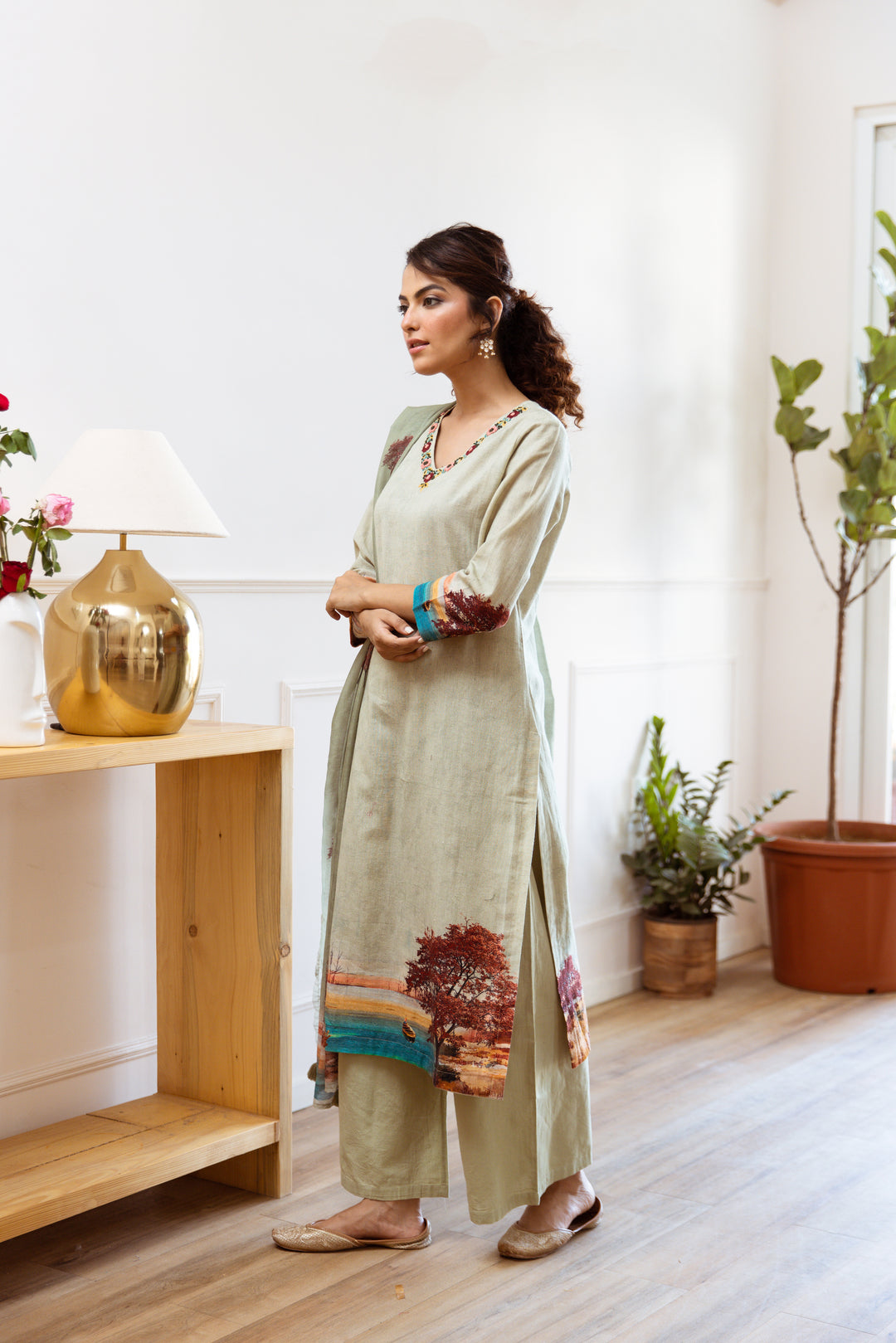 Women's Green Linen Flex Kurta Palazzo and Dupatta Set