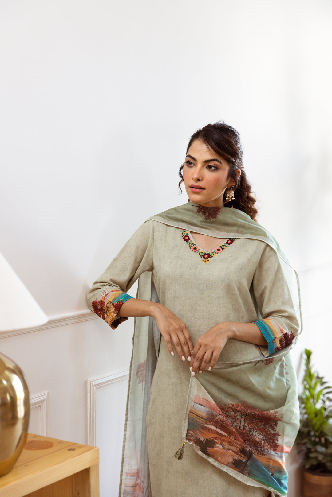 Women's Green Linen Flex Kurta Palazzo and Dupatta Set