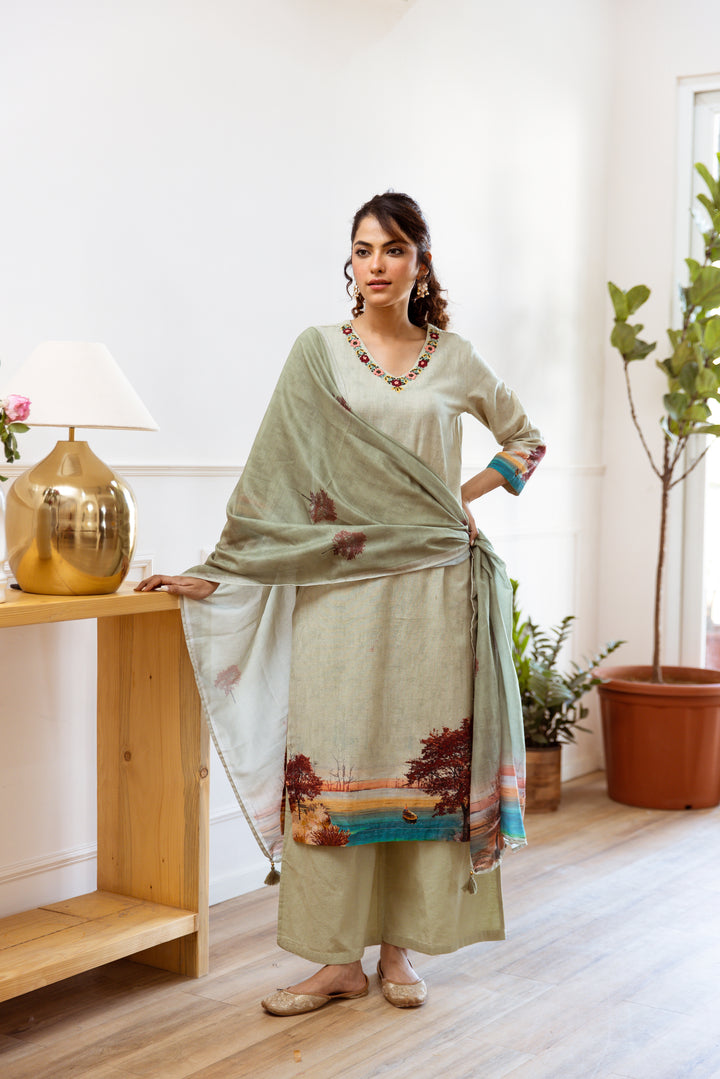 Women's Green Linen Flex Kurta Palazzo and Dupatta Set