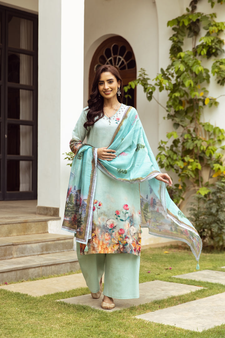 Women's Green Linen Flex Kurta Palazzo and Dupatta Set