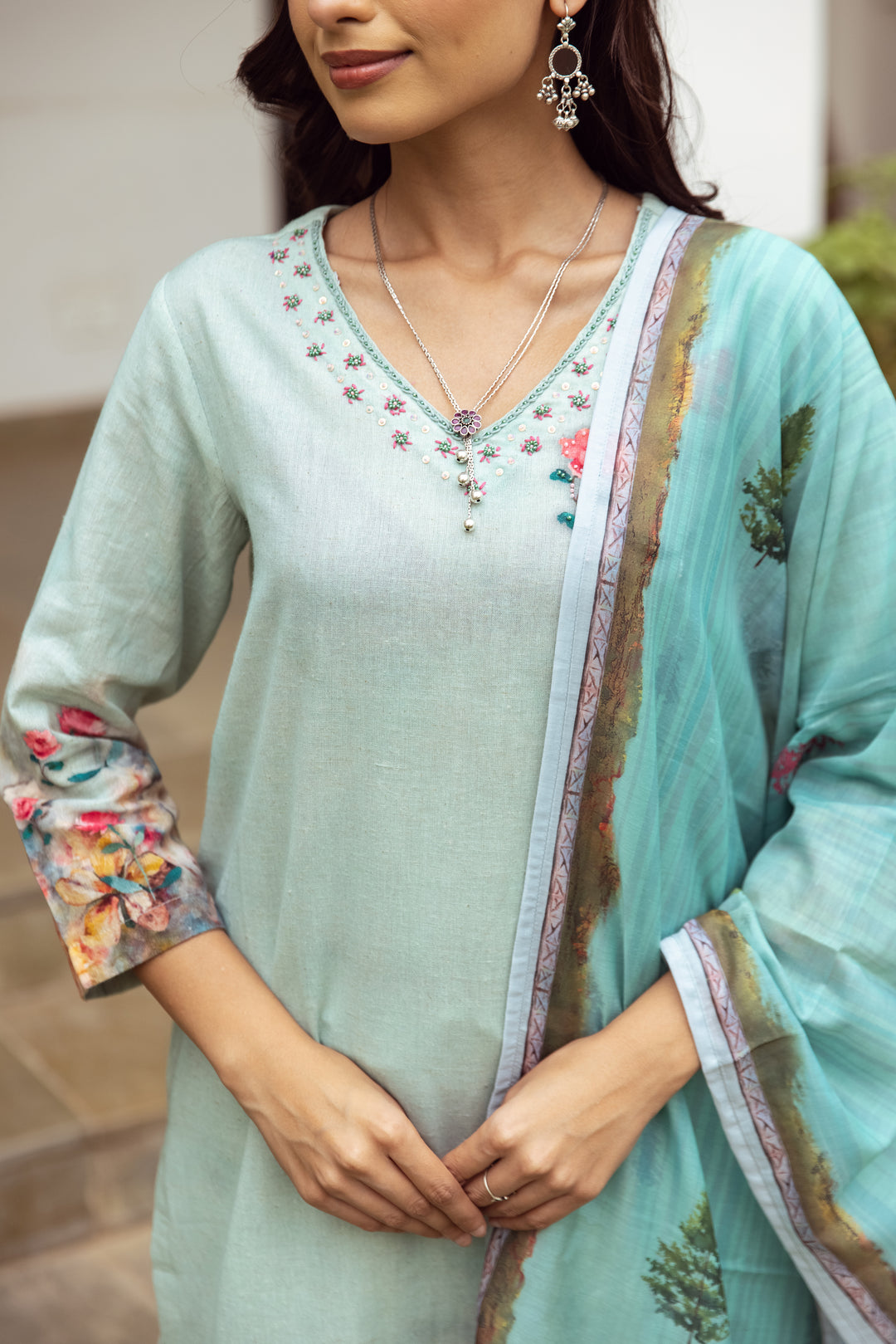 Women's Green Linen Flex Kurta Palazzo and Dupatta Set