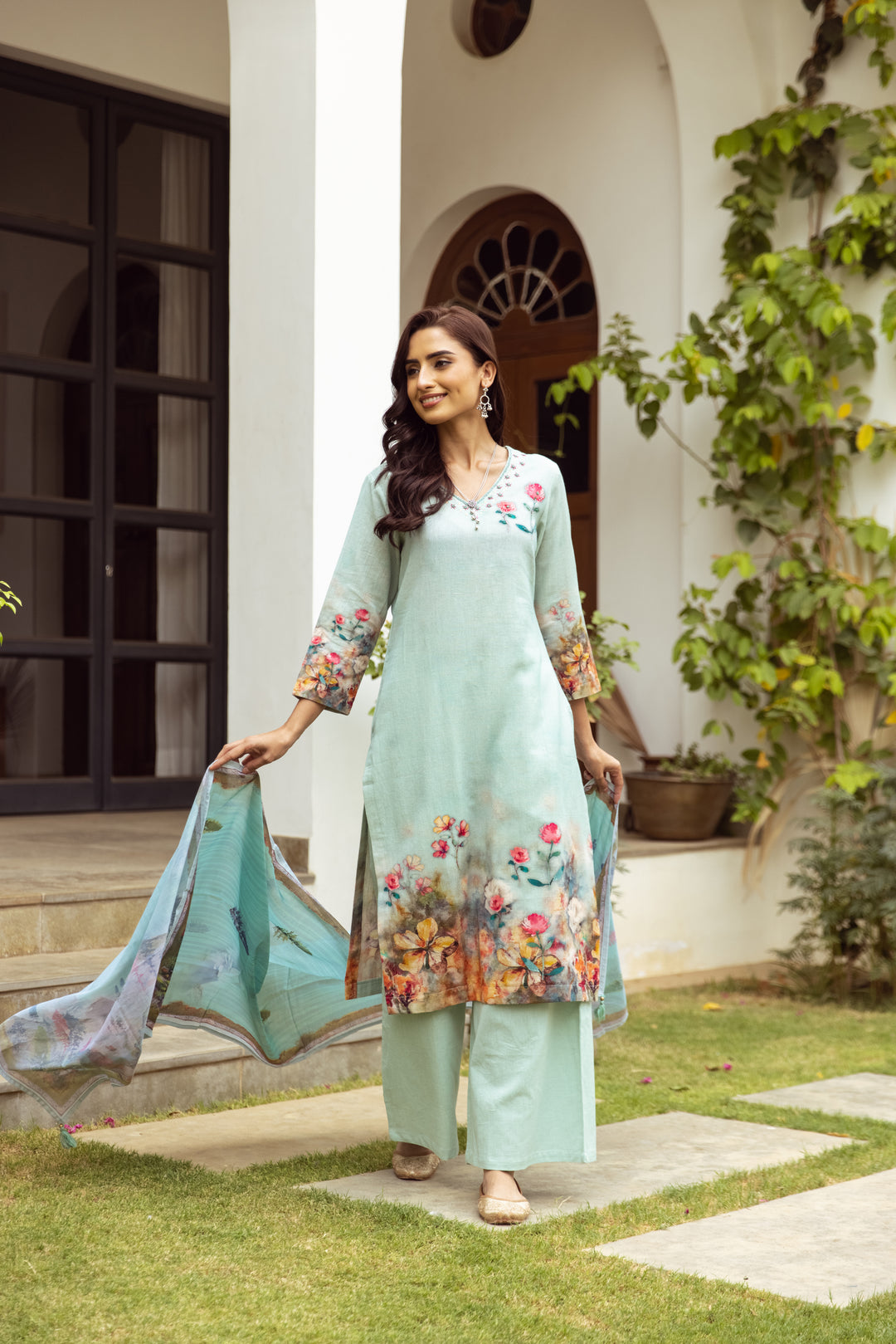 Women's Green Linen Flex Kurta Palazzo and Dupatta Set