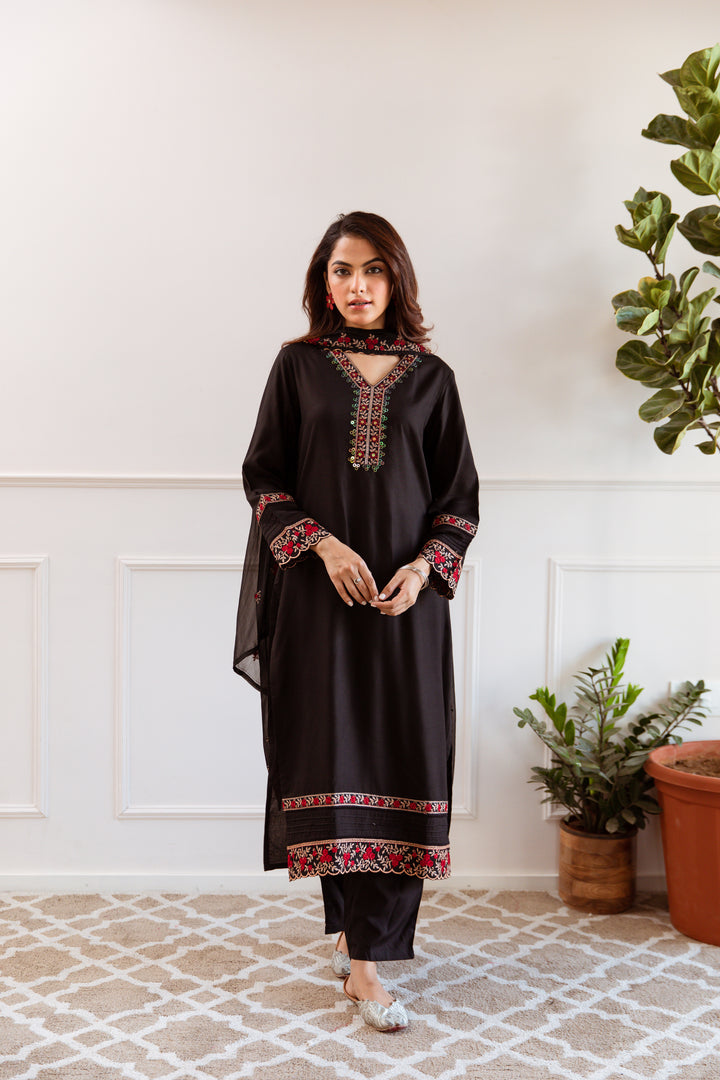 Women's Black German Rayon Kurta Pant and Dupatta Set