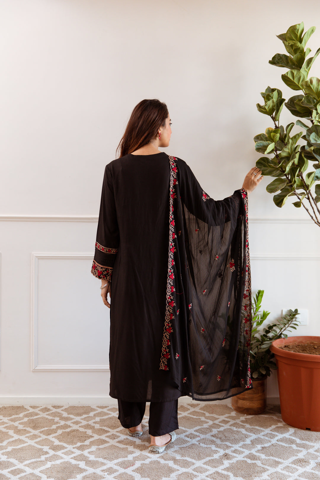 Women's Black German Rayon Kurta Pant and Dupatta Set