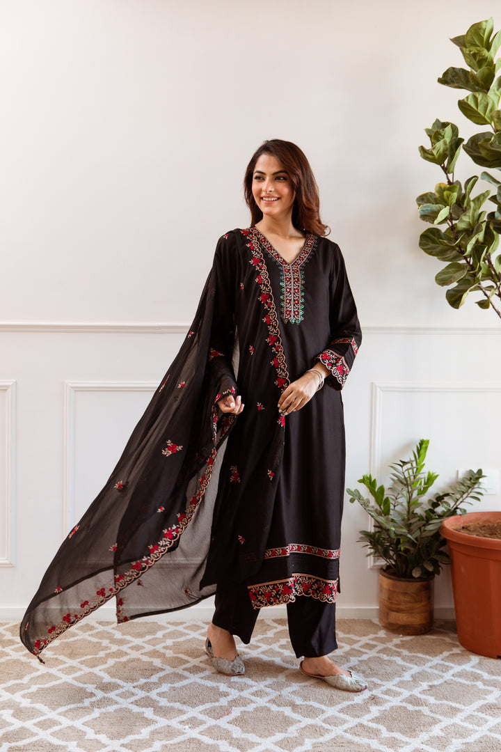 Women's Black German Rayon Kurta Pant and Dupatta Set