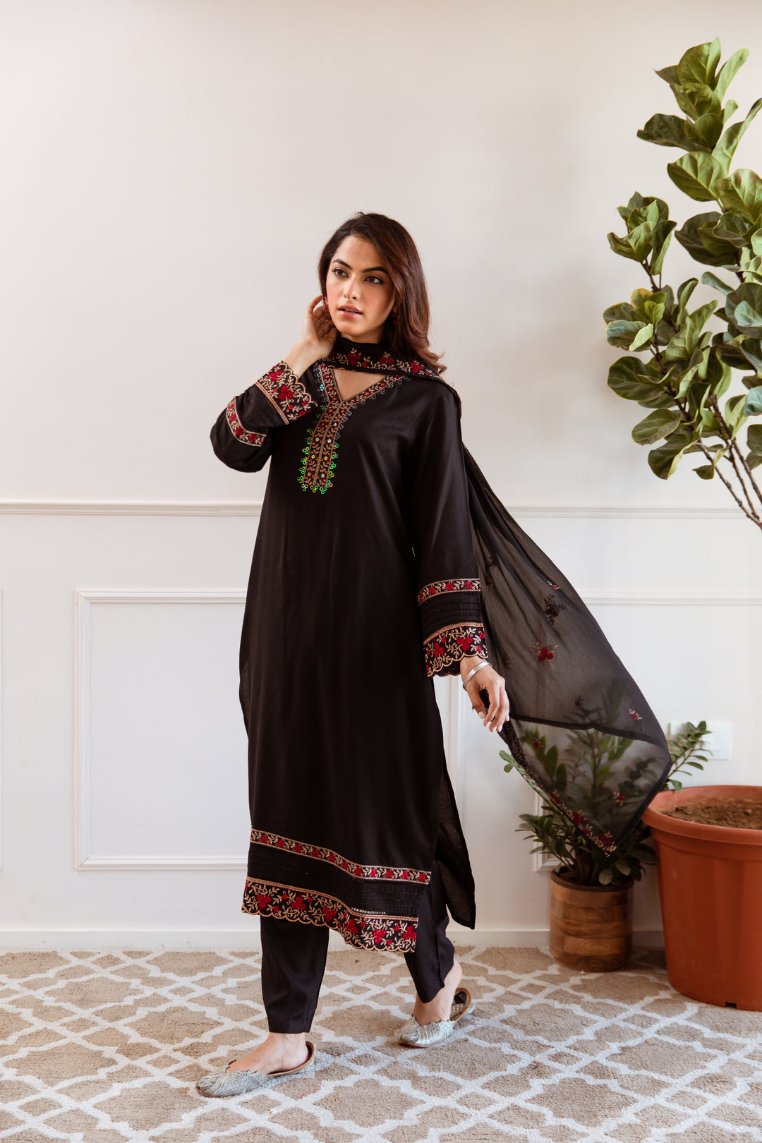 Women's Black German Rayon Kurta Pant and Dupatta Set