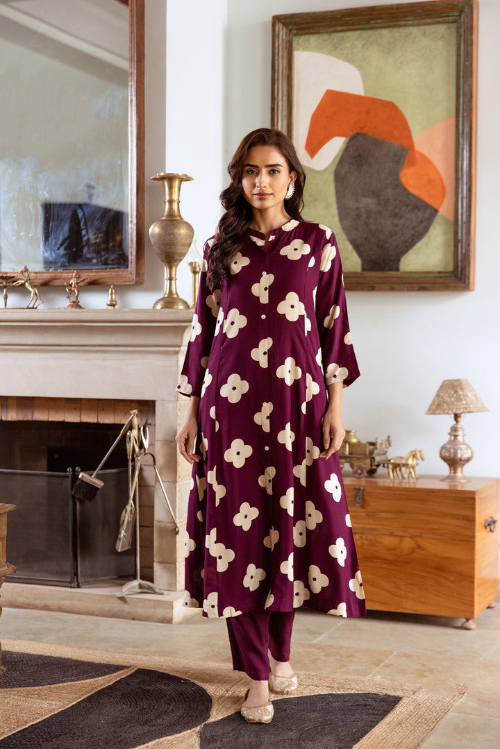 Women's Burgundy German Rayon Kurta Pant Set