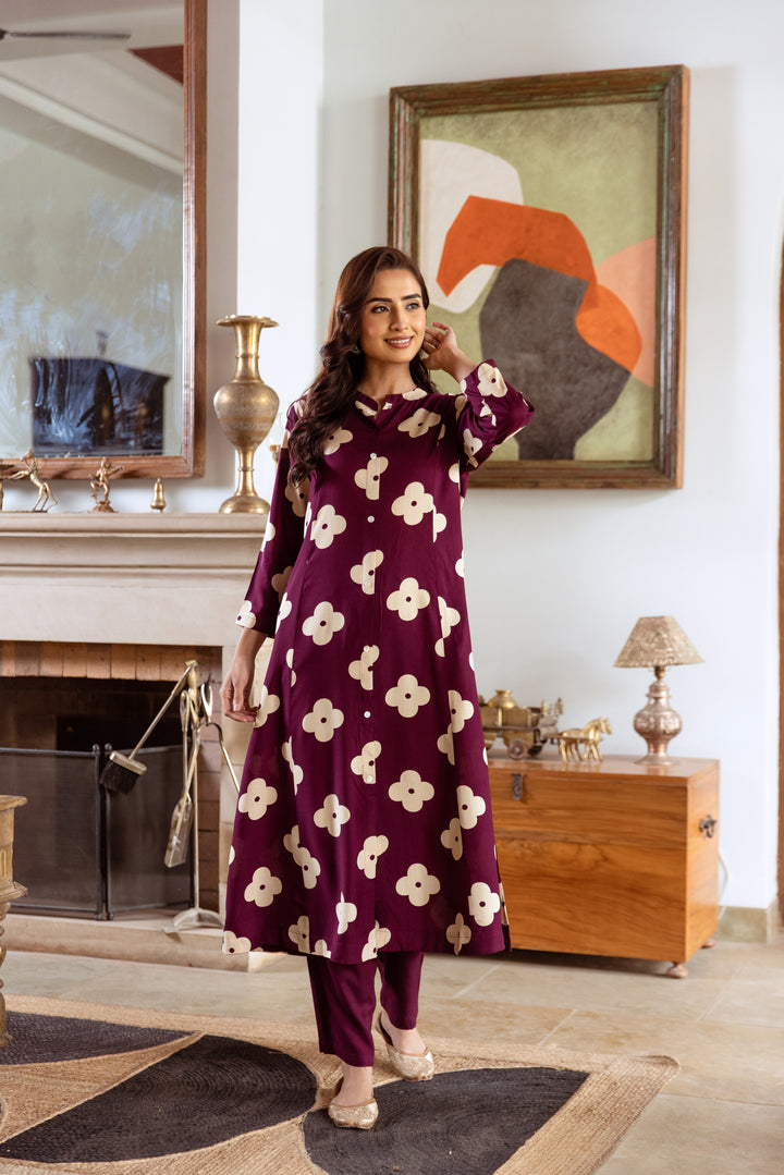 Women's Burgundy German Rayon Kurta Pant Set