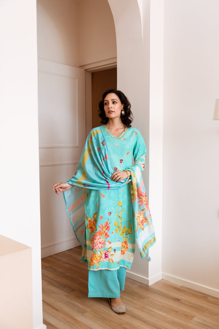 Women's Turquoise Linen Flex Kurta Palazzo and Dupatta Set