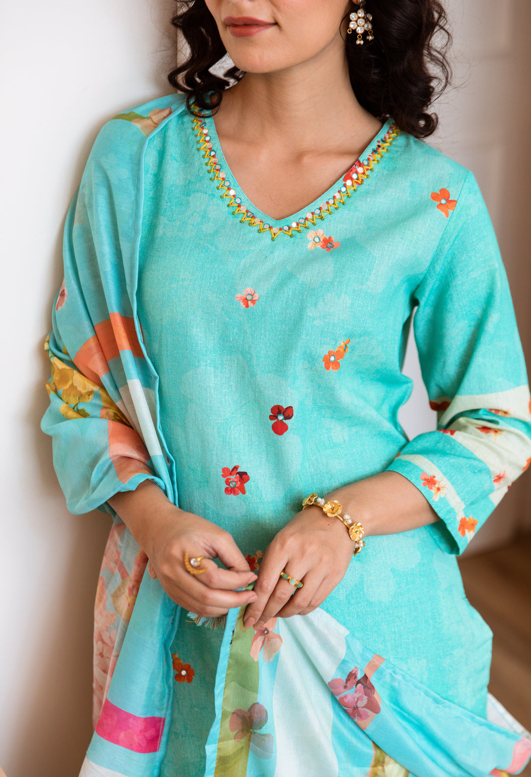 Women's Turquoise Linen Flex Kurta Palazzo and Dupatta Set