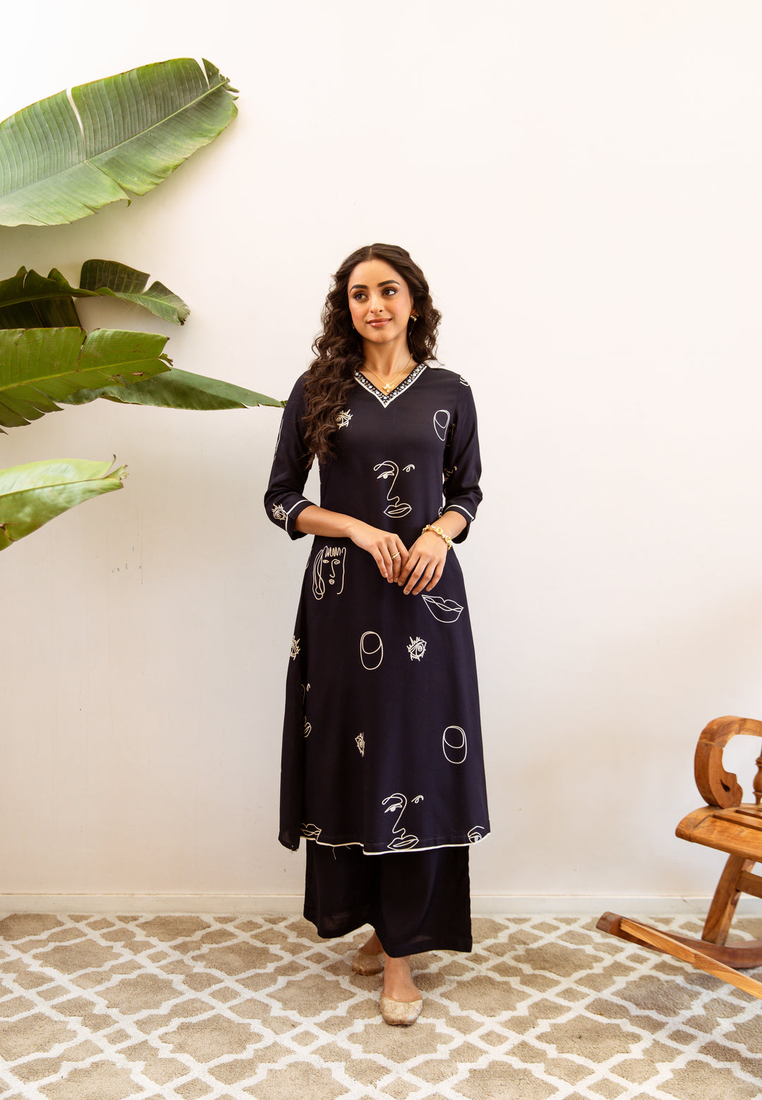 Women's Navy Blue German Rayon Kurta Palazzo Set