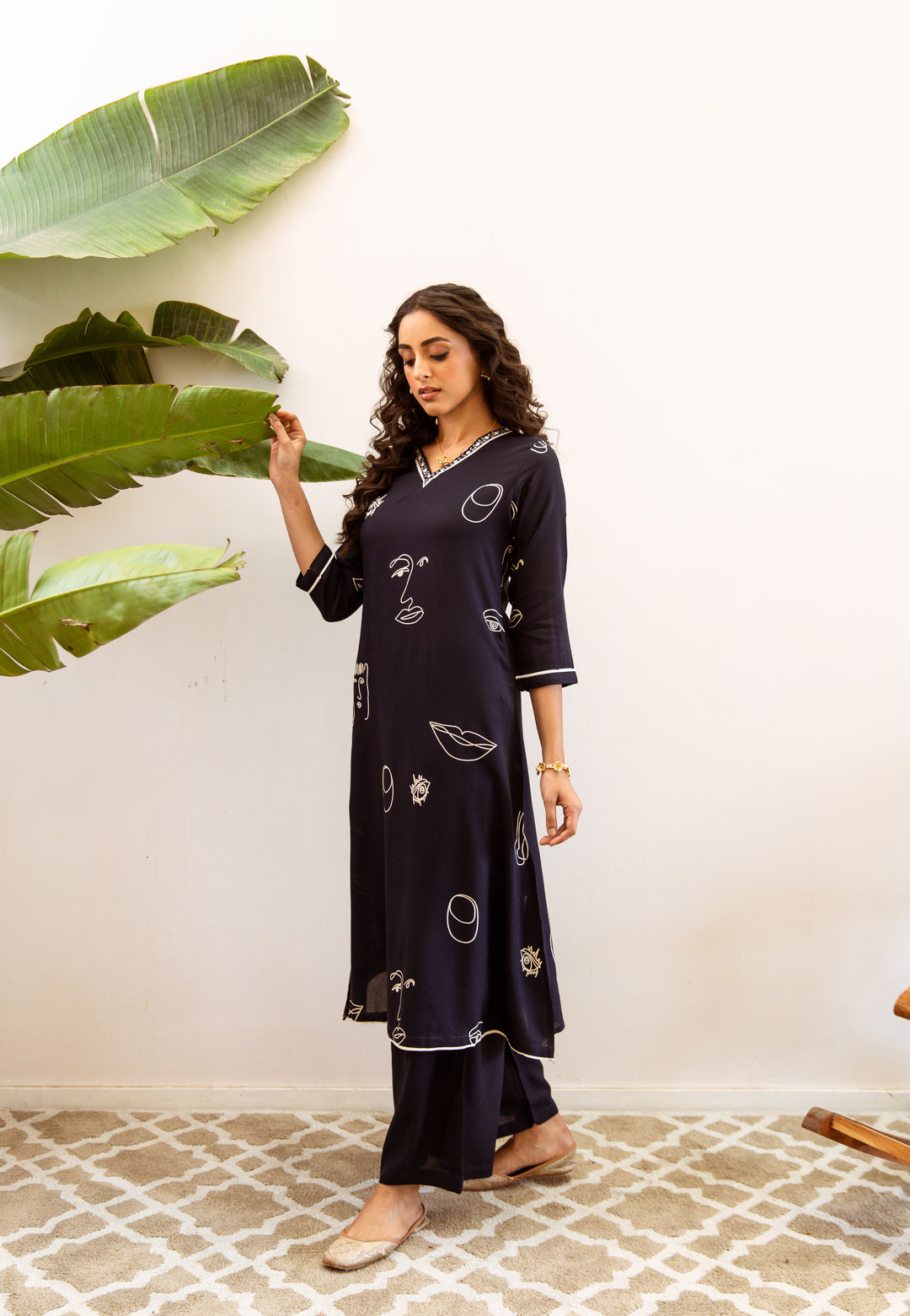 Women's Navy Blue German Rayon Kurta Palazzo Set