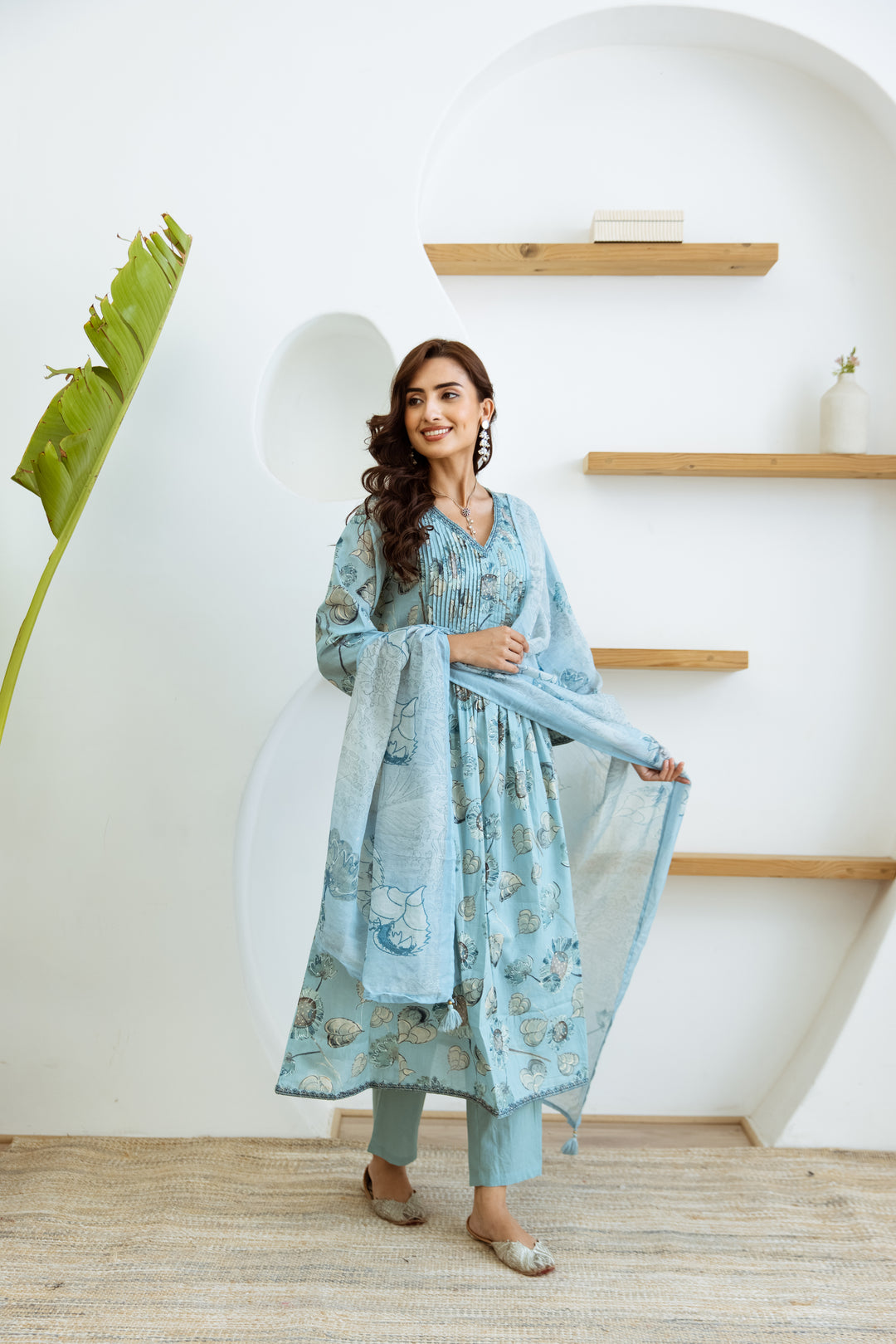 Women's Turquoise Cotton Kurta Pant and Dupatta Set