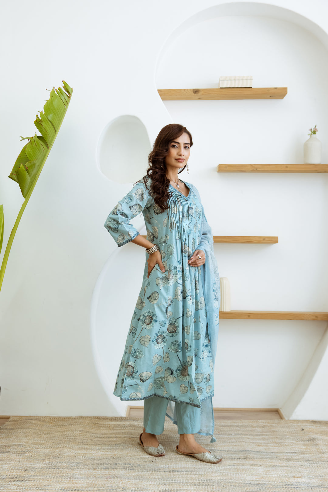 Women's Turquoise Cotton Kurta Pant and Dupatta Set