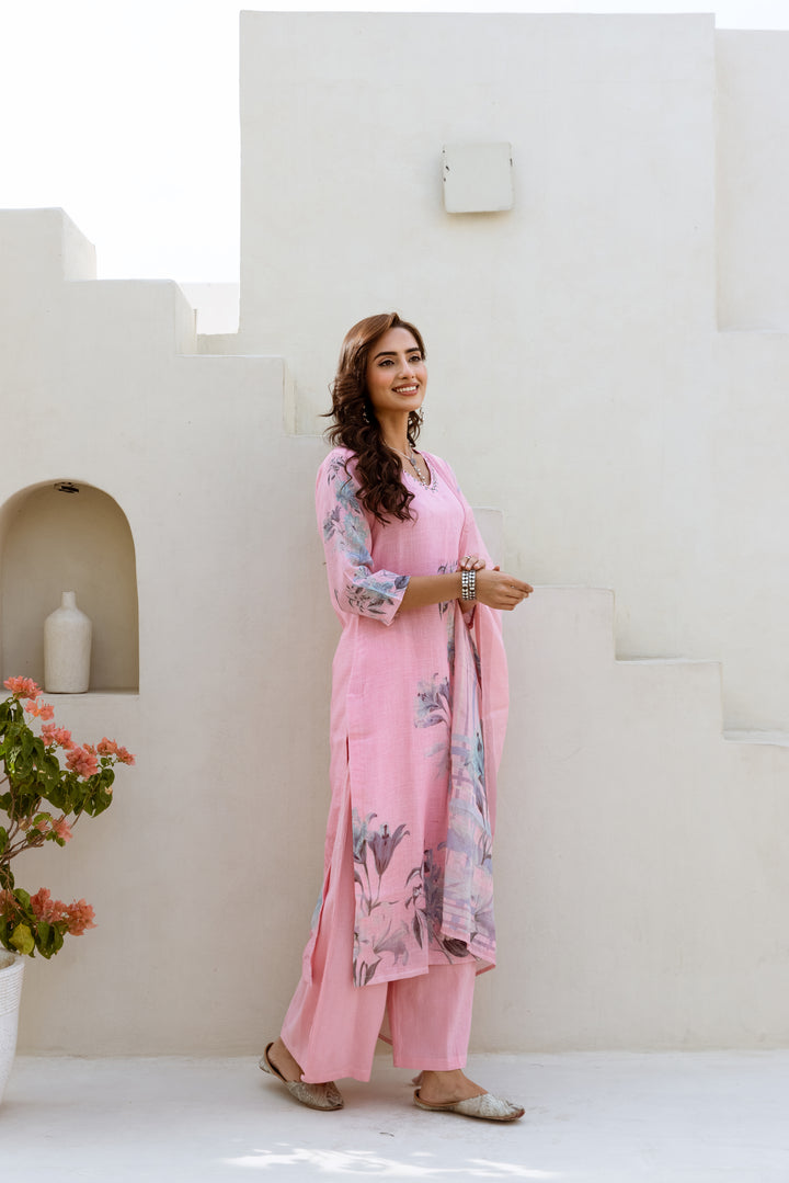 Women's Pink Linen Kurta Palazzo and Dupatta Set