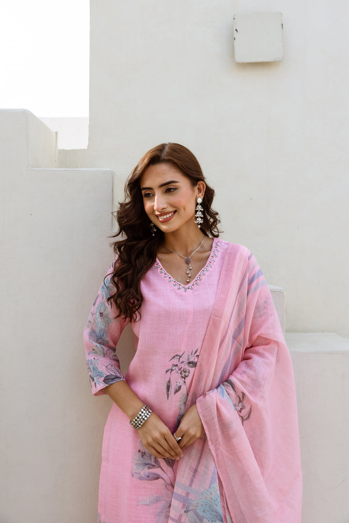 Women's Pink Linen Kurta Palazzo and Dupatta Set