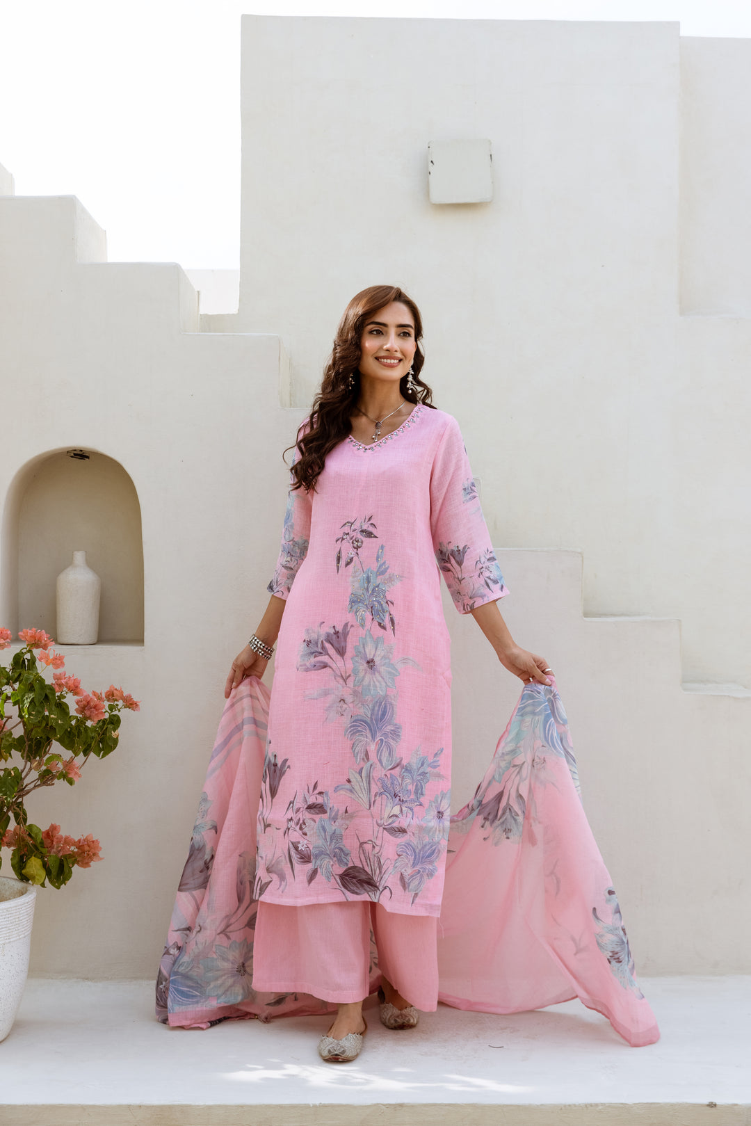 Women's Pink Linen Kurta Palazzo and Dupatta Set