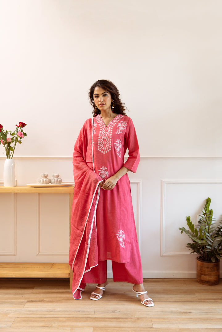 Women's Rose Pink Cotton Slub Kurta, Palazzo and Dupatta Set