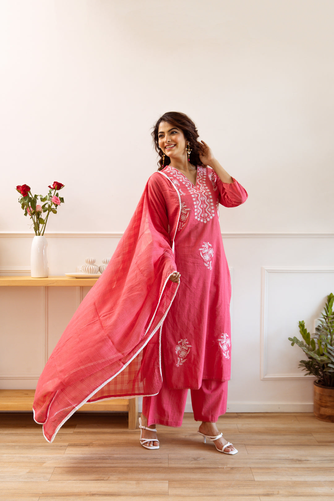 Women's Rose Pink Cotton Slub Kurta, Palazzo and Dupatta Set