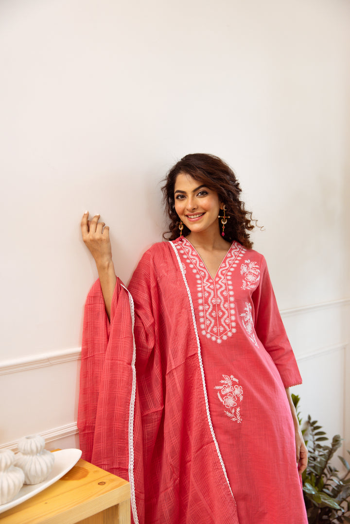 Women's Rose Pink Cotton Slub Kurta, Palazzo and Dupatta Set